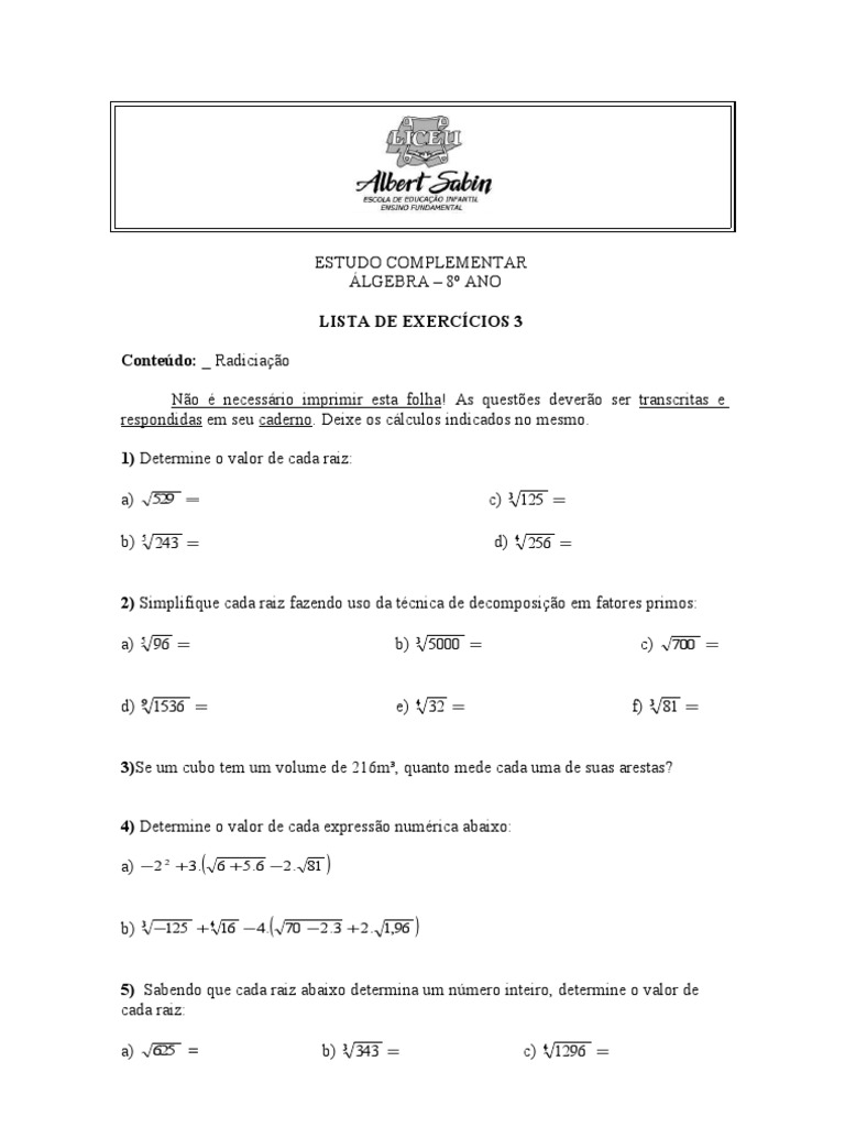Exercícios de Raiz Quadrada - 8º Ano | PDF