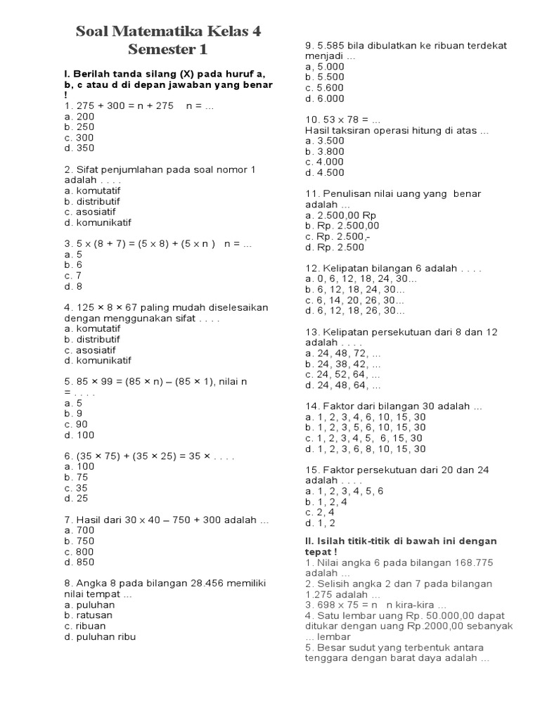 Soal Matematika Kelas 4 Semester 1 | PDF
