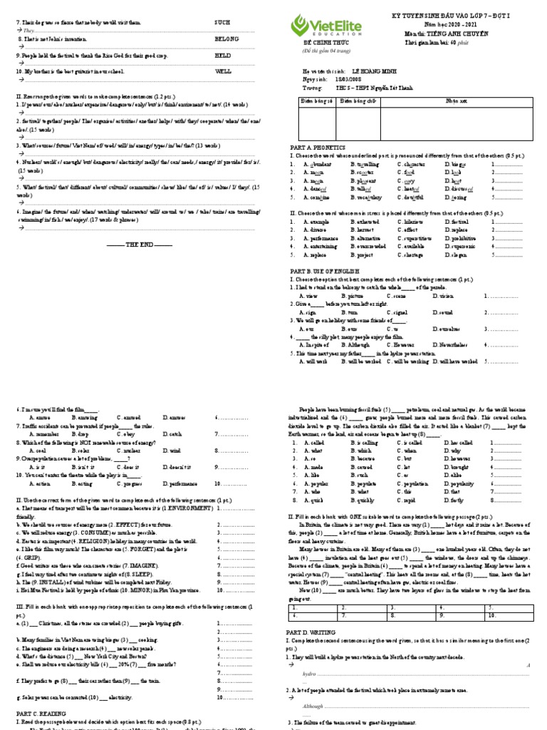 English Exam Practice for Grade 7 | PDF | Fuels | Fossil Fuels