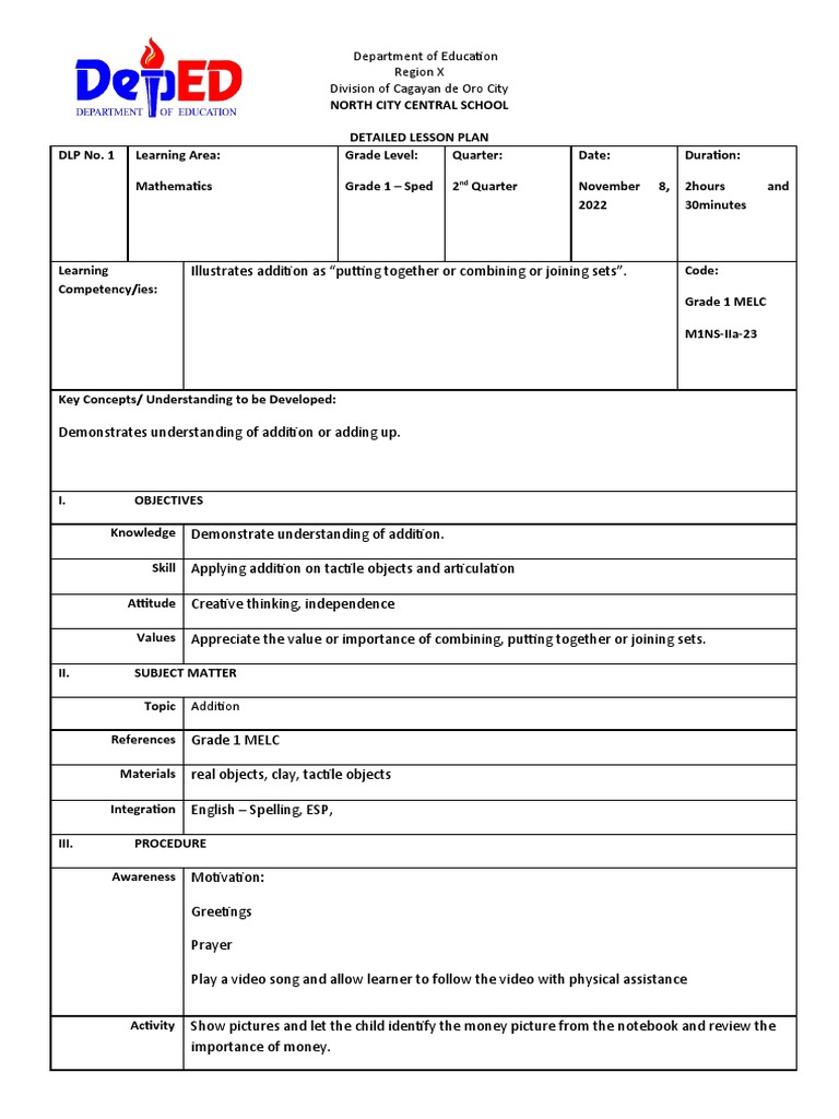 Grade 1 Addition Lesson Plan | PDF | Lesson Plan | Learning