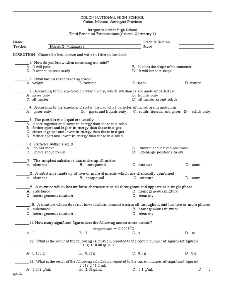 3rd Grading General Chemistry 1 2016 2017 Pdf Atoms Proton