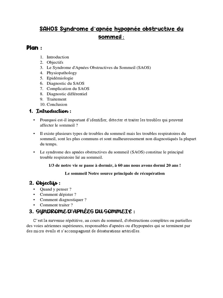 Diagnostic et traitement du SAOS | PDF | Syndrome d'apnées du sommeil ...