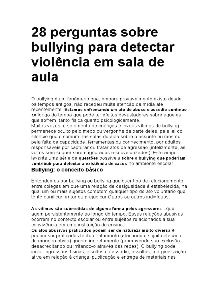 28 Perguntas Sobre Bullying para Detectar Violência em Sala de Aula ...