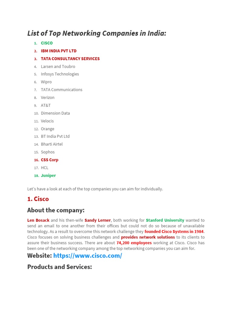 List of Top Networking Companies in India PDF Computer Network