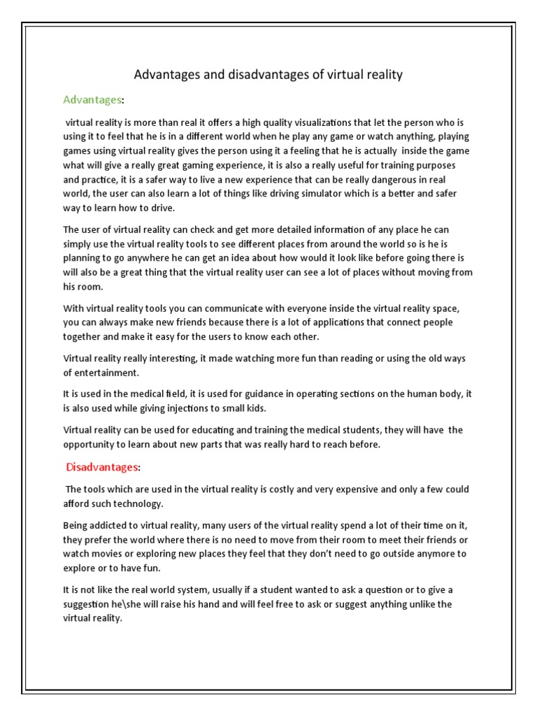 Advantages and Disadvantages of Virtual Reality PDF Virtual Reality