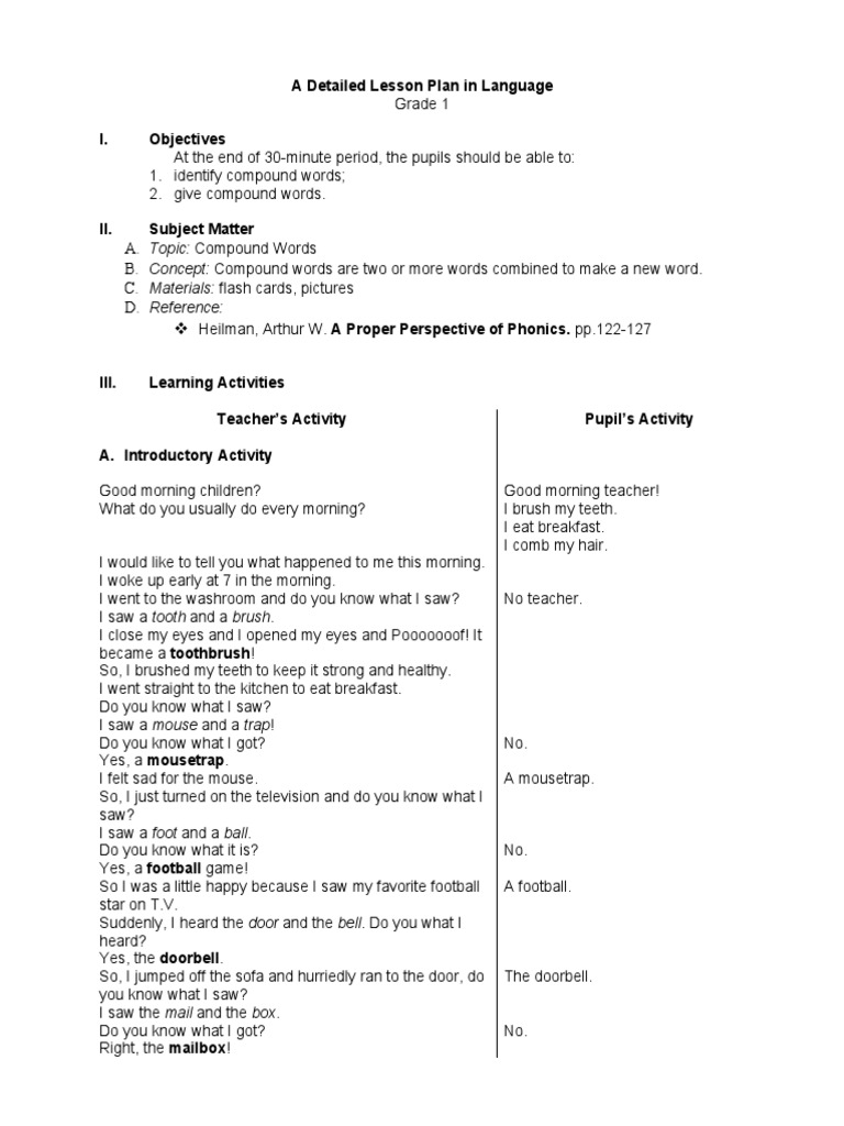 Grade 1 Compound Words Lesson Plan | PDF