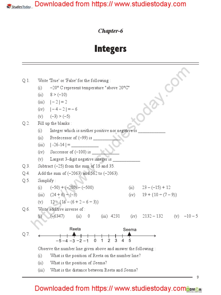 Class 6 Maths Integers Worksheet | PDF | Integer | Mathematical Objects