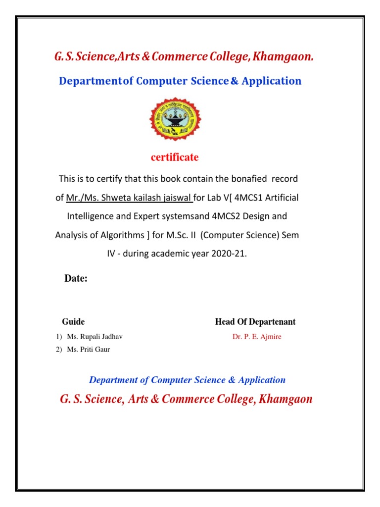 AI and Algorithms Lab Certificate | PDF | Computer Programming ...