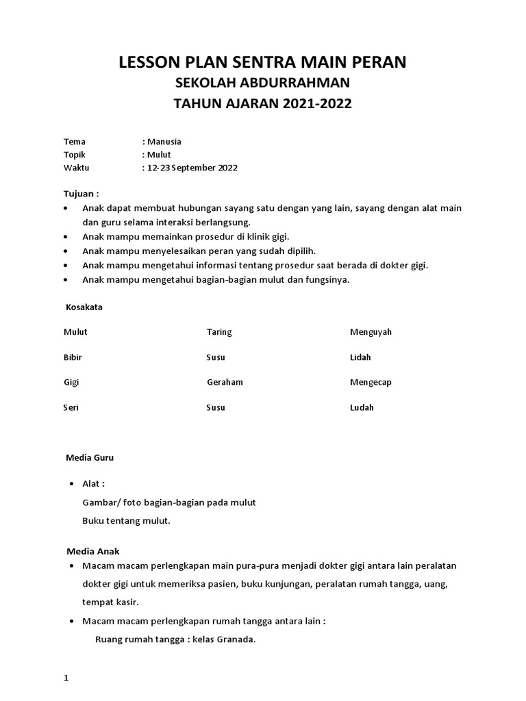 Lesson Plan Sentra Main Peran Tema Mulut | PDF