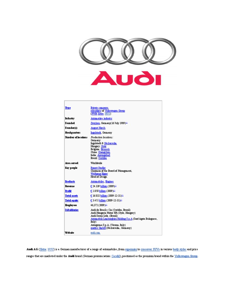 Audi AG: A Leading German Automaker With A Rich History, PDF, Audi