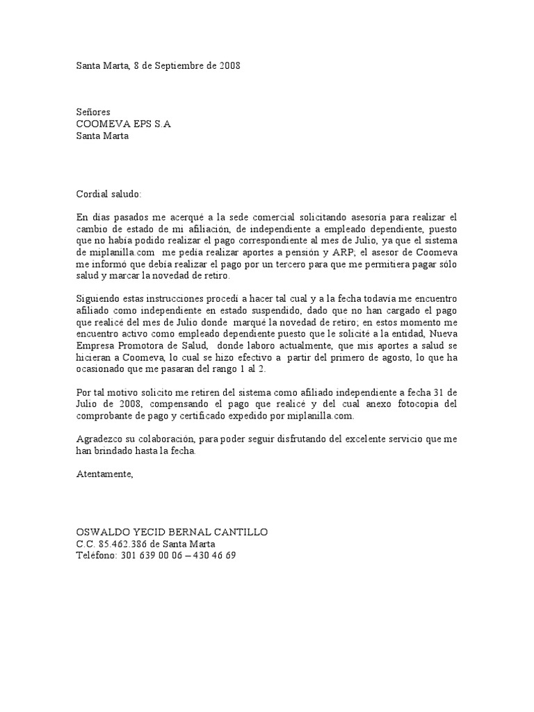 Carta de solicitud de retiro
