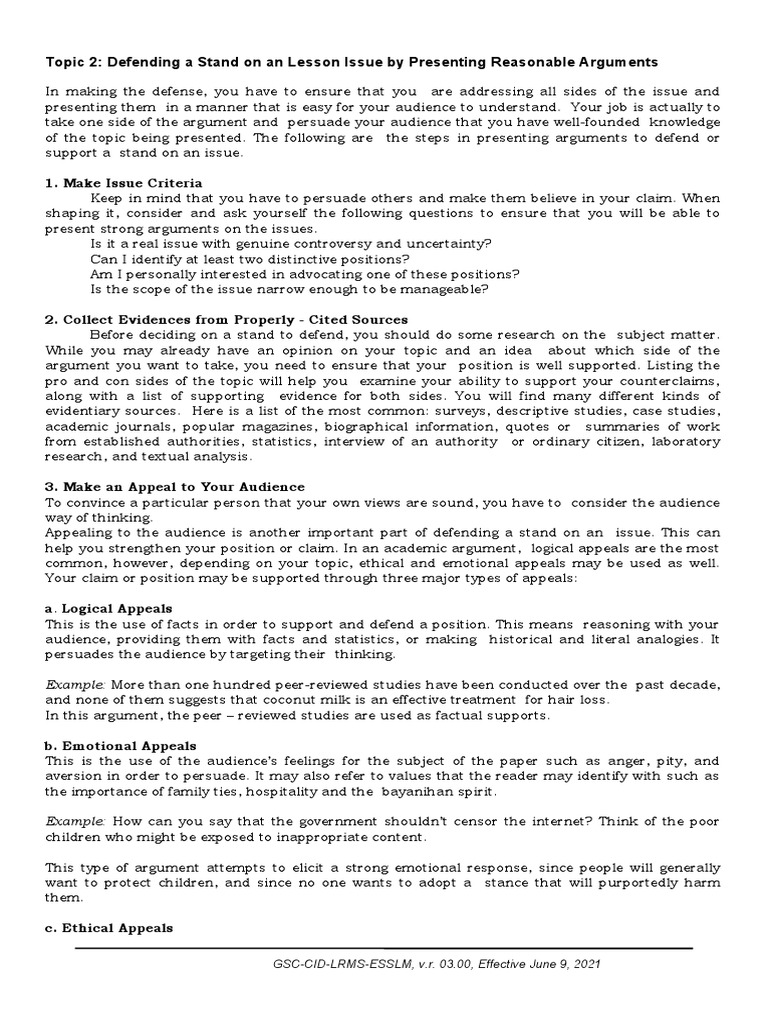Defending a Stand on an Issue | PDF | Argument | Literacy