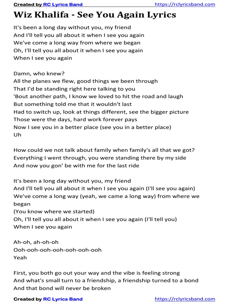 Salinan Wiz Khalifa - See You Again Lyrics | PDF | Recorded Music