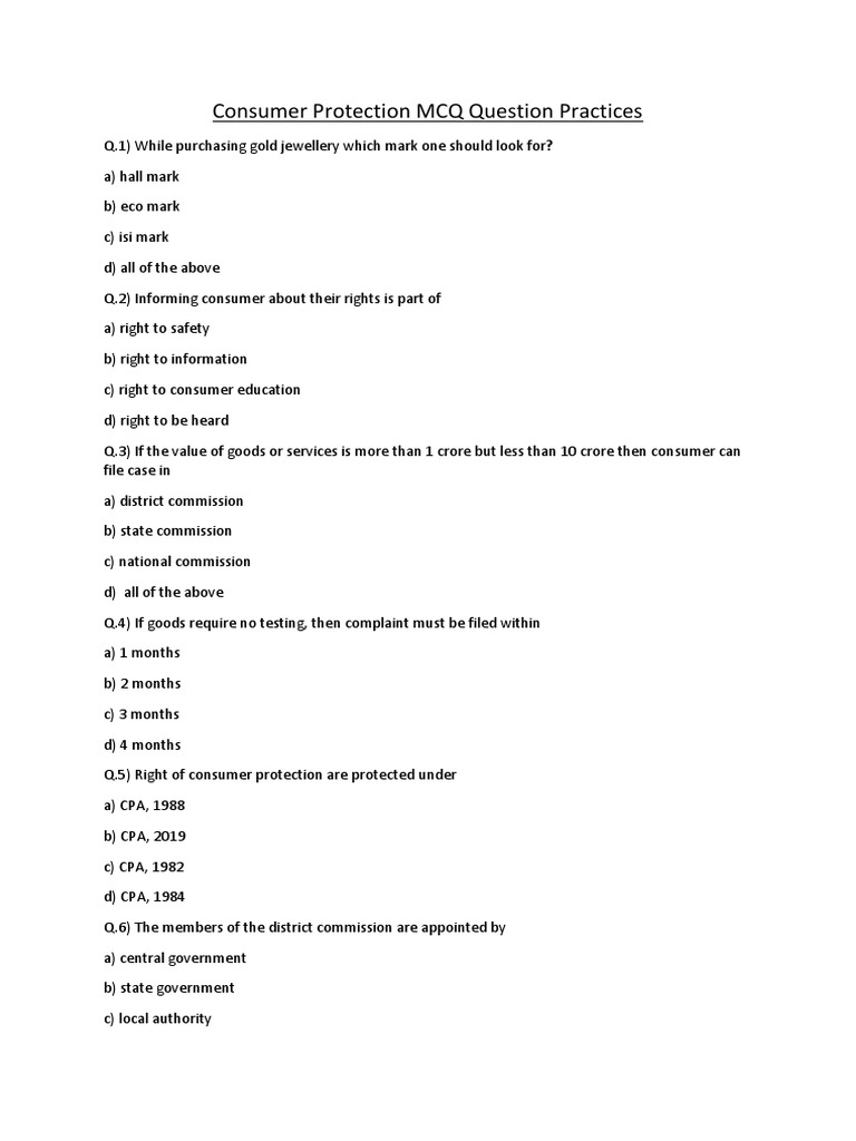 Consumer Protection MCQ - 8966626 - 2022 - 07 - 09 - 11 - 11 | PDF ...