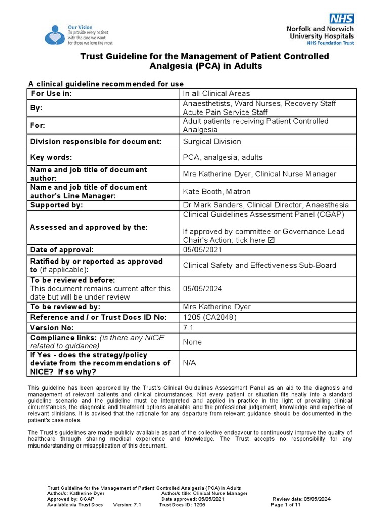 PCA Management Guidelines for Adults | PDF | Pain Management | Pain