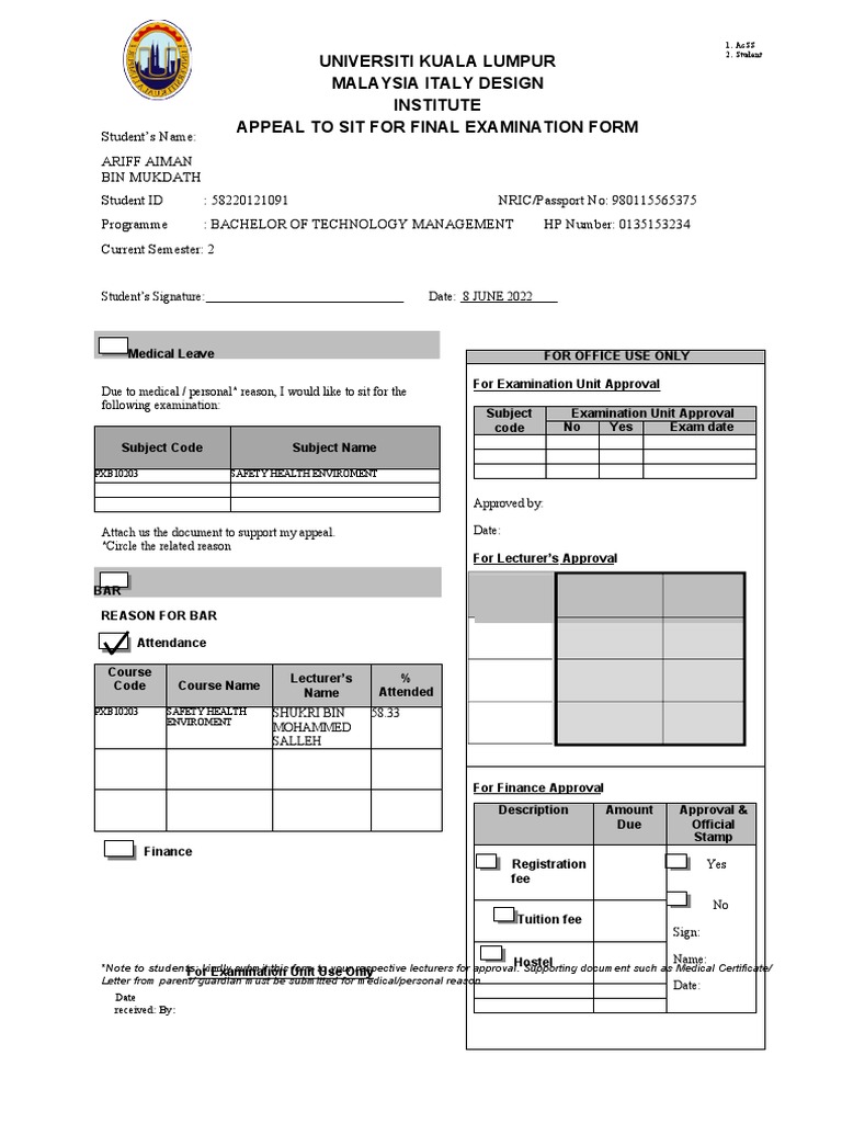 APPEAL TO SIT FOR FINAL EXAMINATION FORM-Latest | PDF | Educational Stages