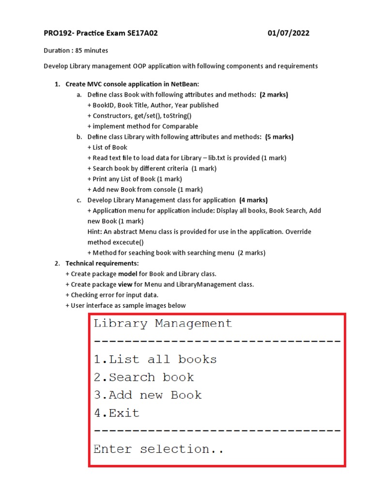 Library Management OOP Application Exam | PDF