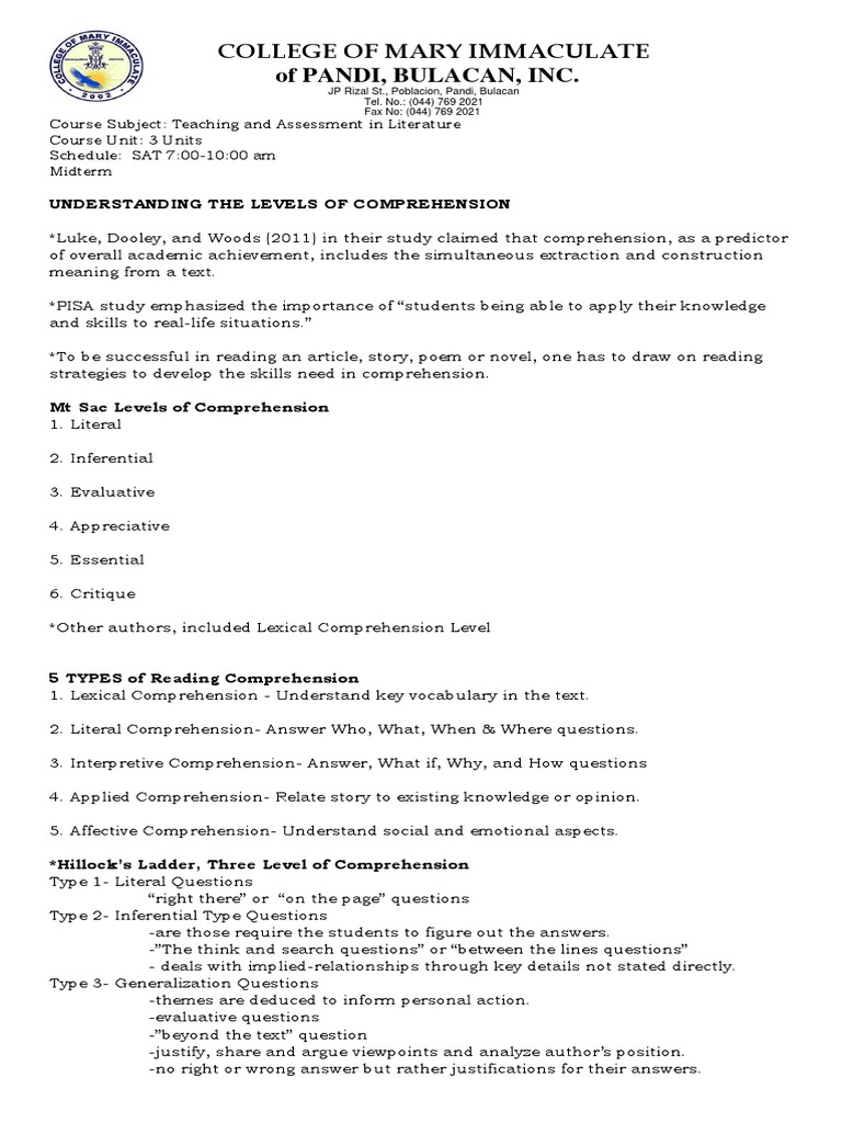 Understanding Level Of Comprehension When Teaching Literature Pdf