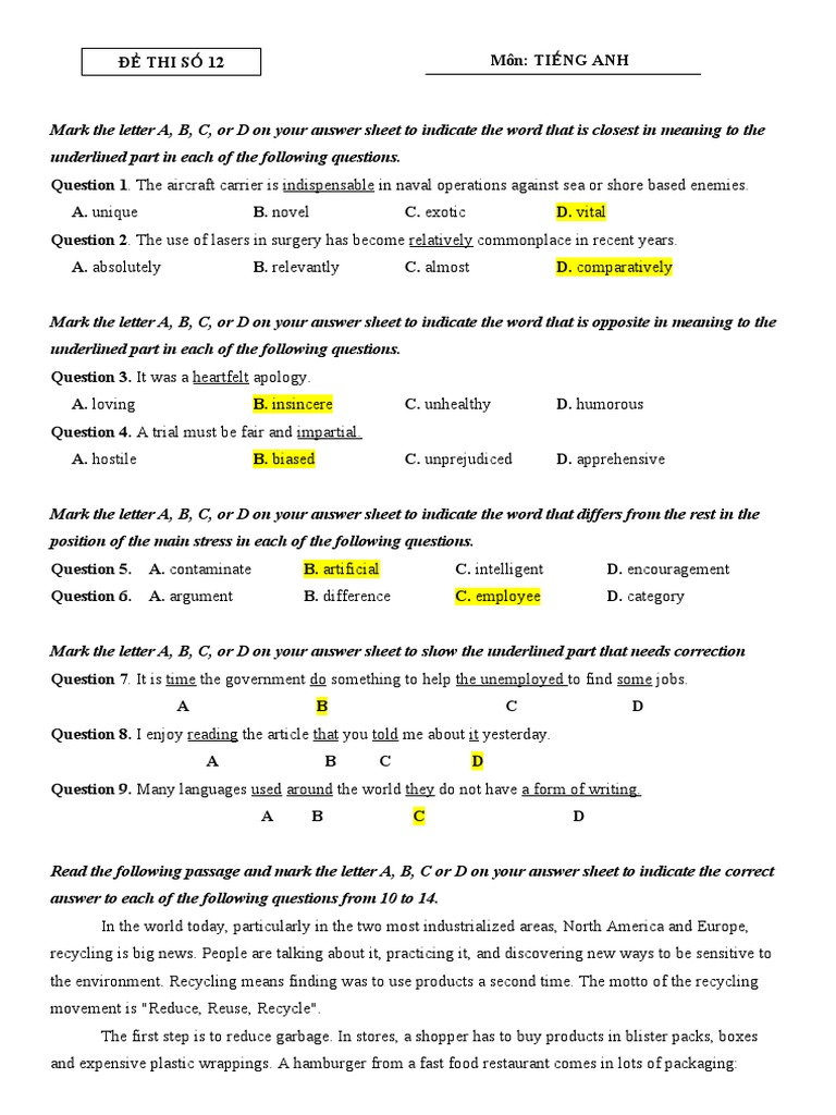 (ANH) ĐỀ 12 | PDF | Recycling | Reuse