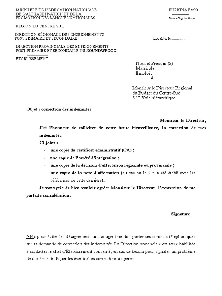 Correction des Indemnités au Burkina Faso | PDF