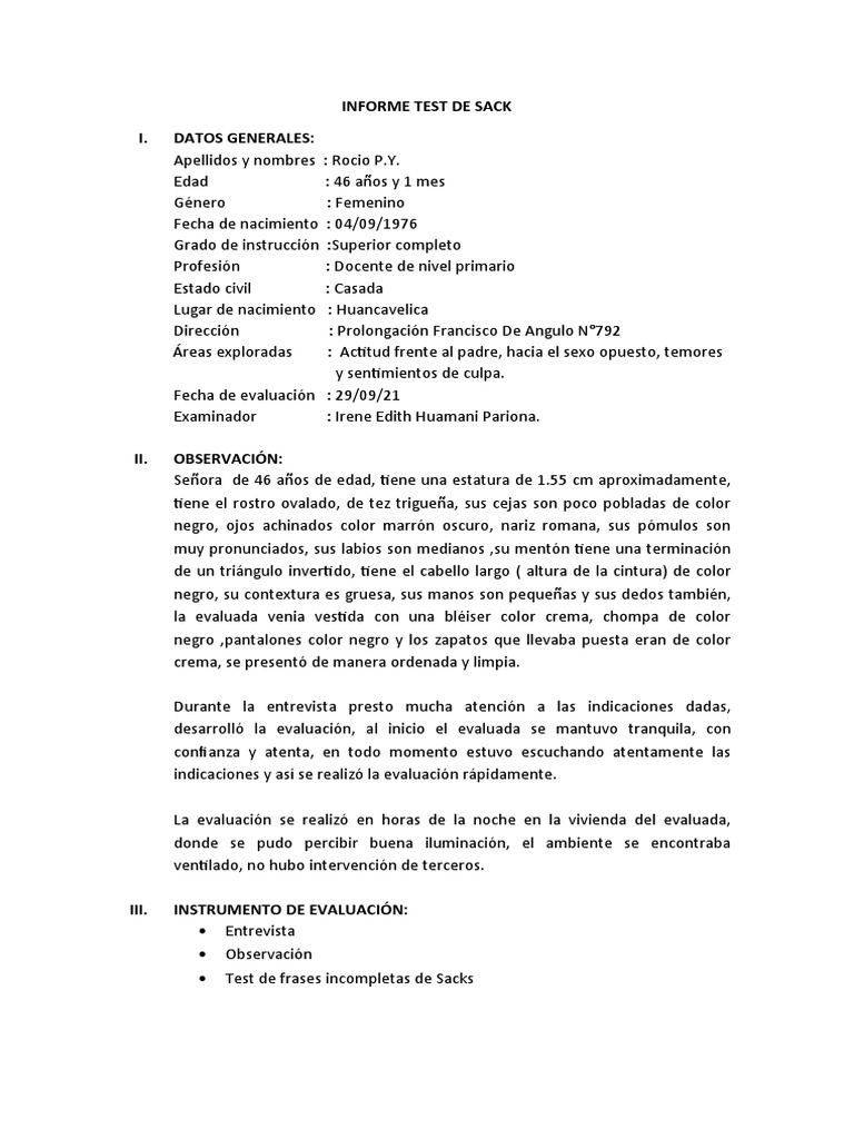 Informe Test de Sack R.P.Y | PDF | Temor | Actitud (psicología)