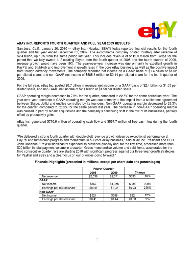 Ebay Q42009EarningsRelease PDF E Bay Equity (Finance)