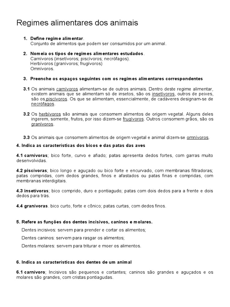 Regimes alimentares dos animais pdf bico alimentos