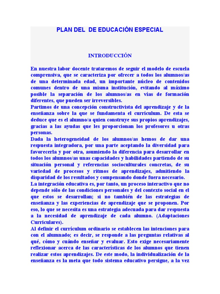 Plan de Apoyo a la Educación Especial | PDF | Evaluación | Plan de estudios