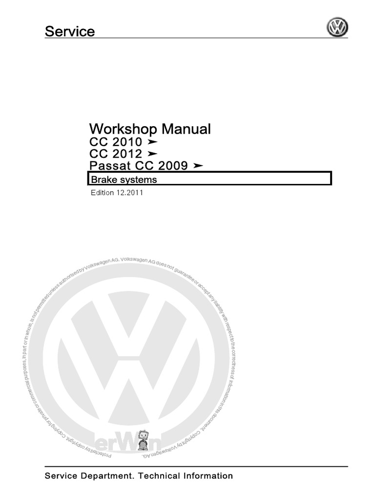 Volkswagen Passat CC 2009, CC 2010, CC 2012 Manual Brake System PDF Components
