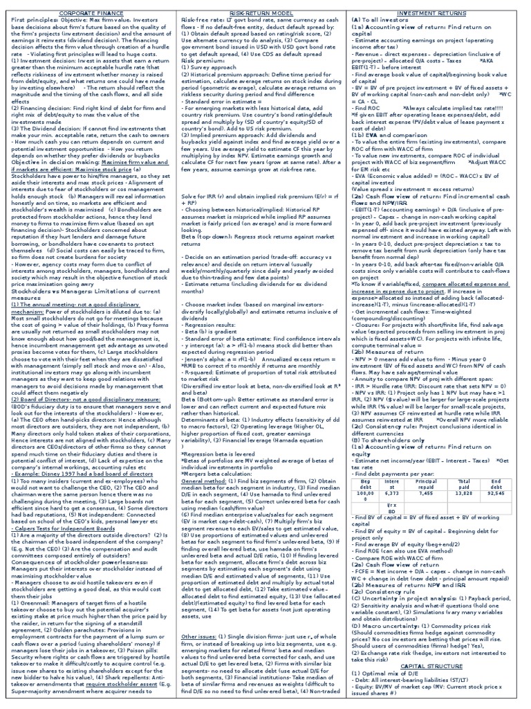 Corporate Finance Cheat Sheet | PDF | Cost Of Capital | Stocks