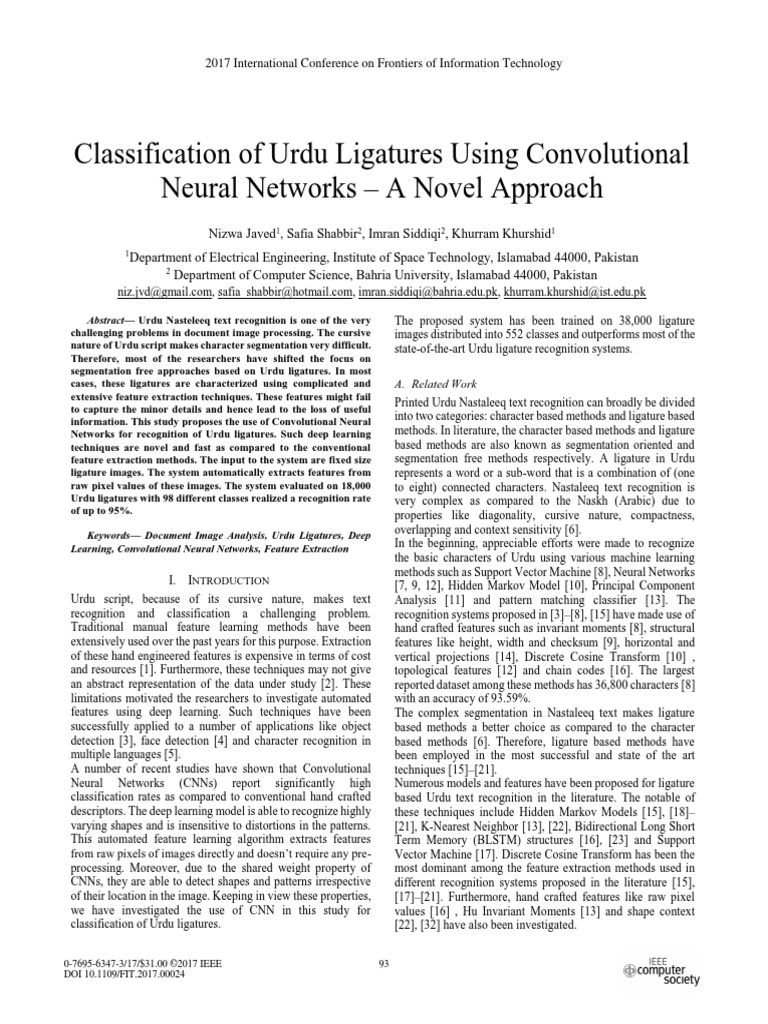 Classification of Urdu Ligatures Using Convolutional Neural Networks