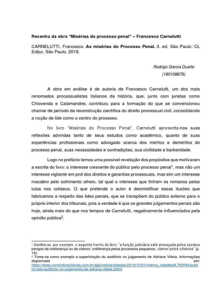 Resenha: Misérias do Processo Penal | PDF | Juiz | Réu