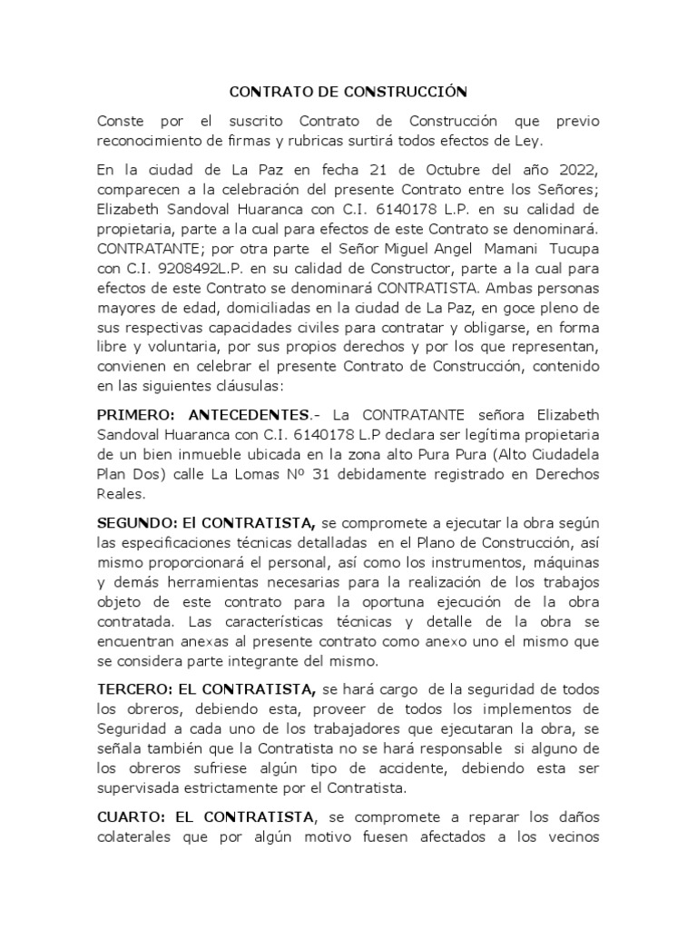 Contrato de Construcción en La Paz | PDF