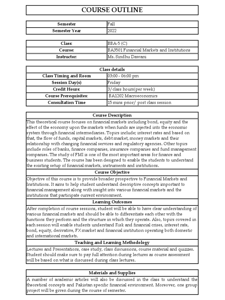Financial Markets Course Outline | PDF | Interest | Financial Markets
