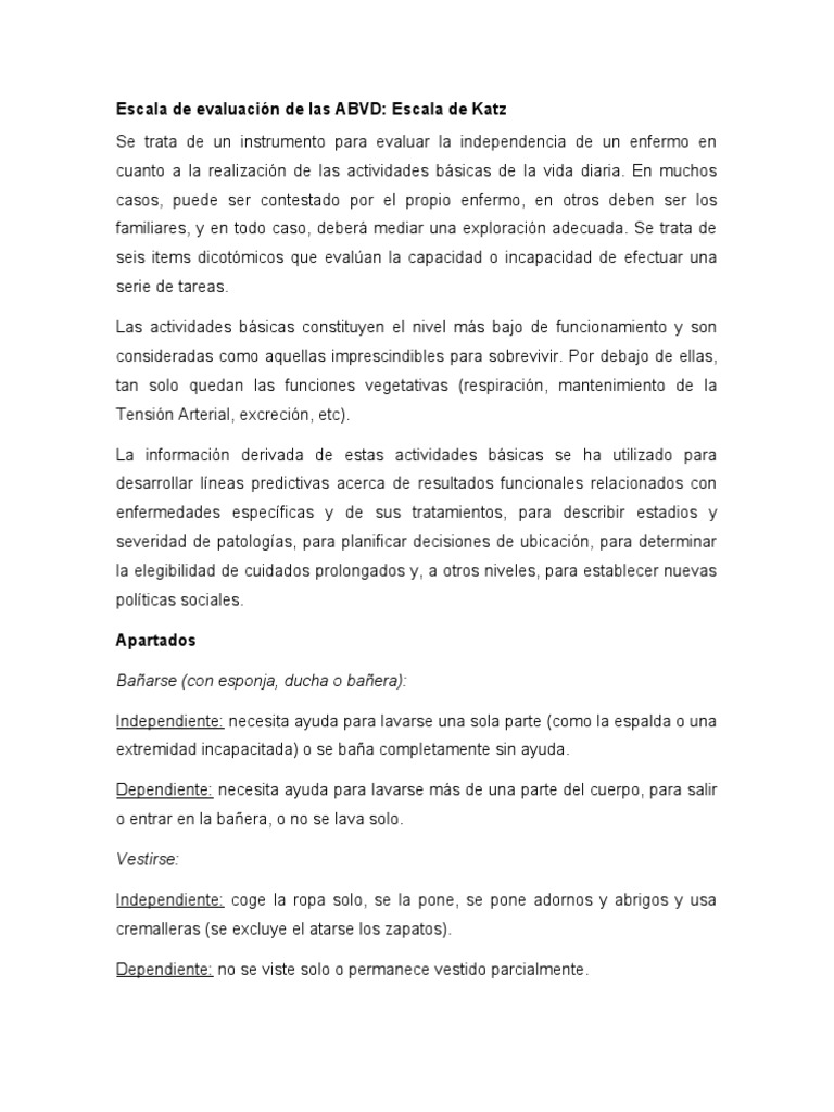 Evaluación de ABVD: Escala de Katz | PDF | Medicina CLINICA
