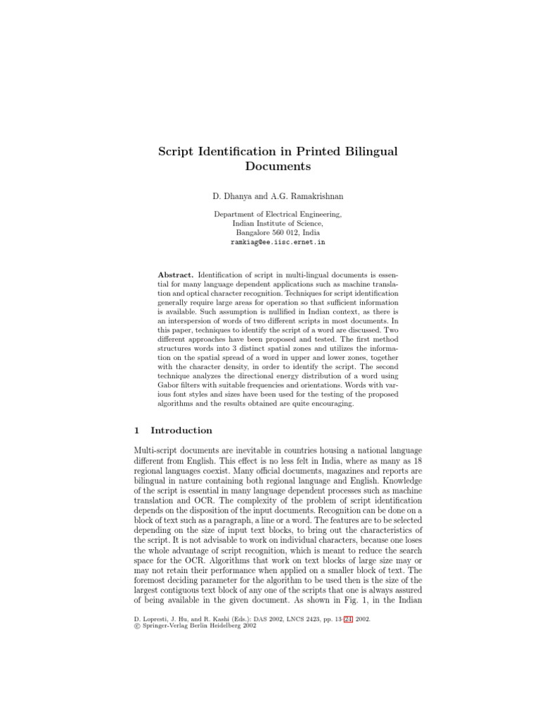 Script Identification in Printed Bilingual Documents | PDF | Optical ...