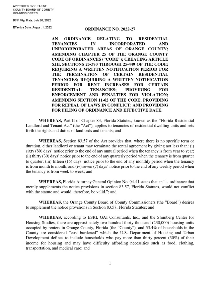 Orange County Rental Notice Ordinance PDF Leasehold Estate Landlord