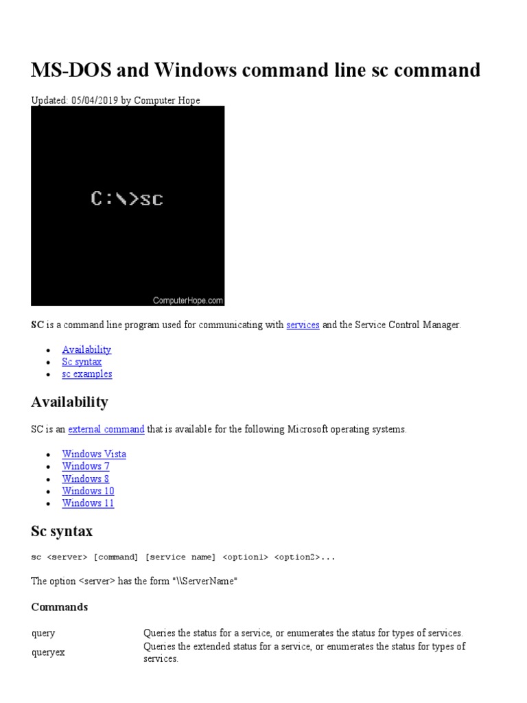 MSDOS and Windows Command Line SC Command Availability PDF