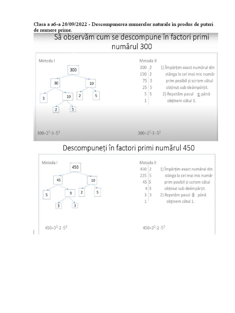 Descompunerea Numerelor Clasa 1 Descompunerea Numerelor Naturale În Produs de Puteri de Numere Prime. | PDF