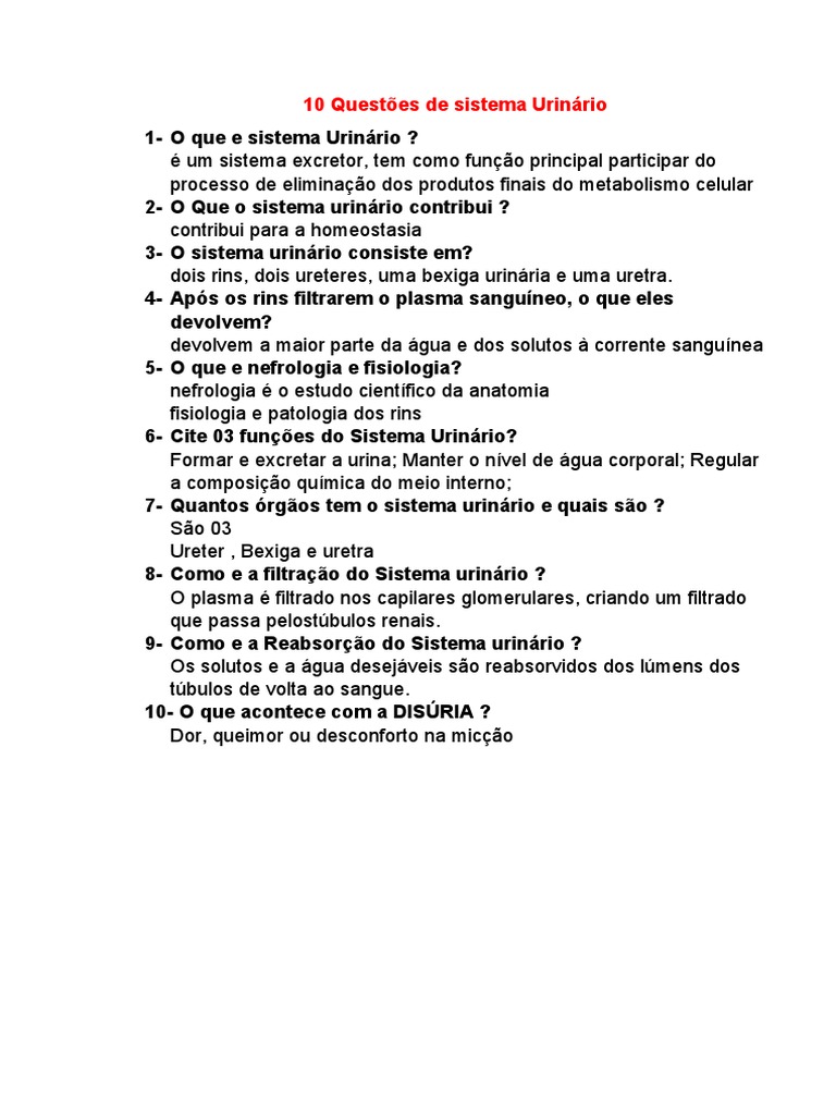 10 Questões de Sistema Urinário | PDF | Rim | Sistema urinário