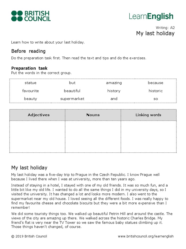 Learnenglish Writing A2 My Last Holiday Pdf Adjective