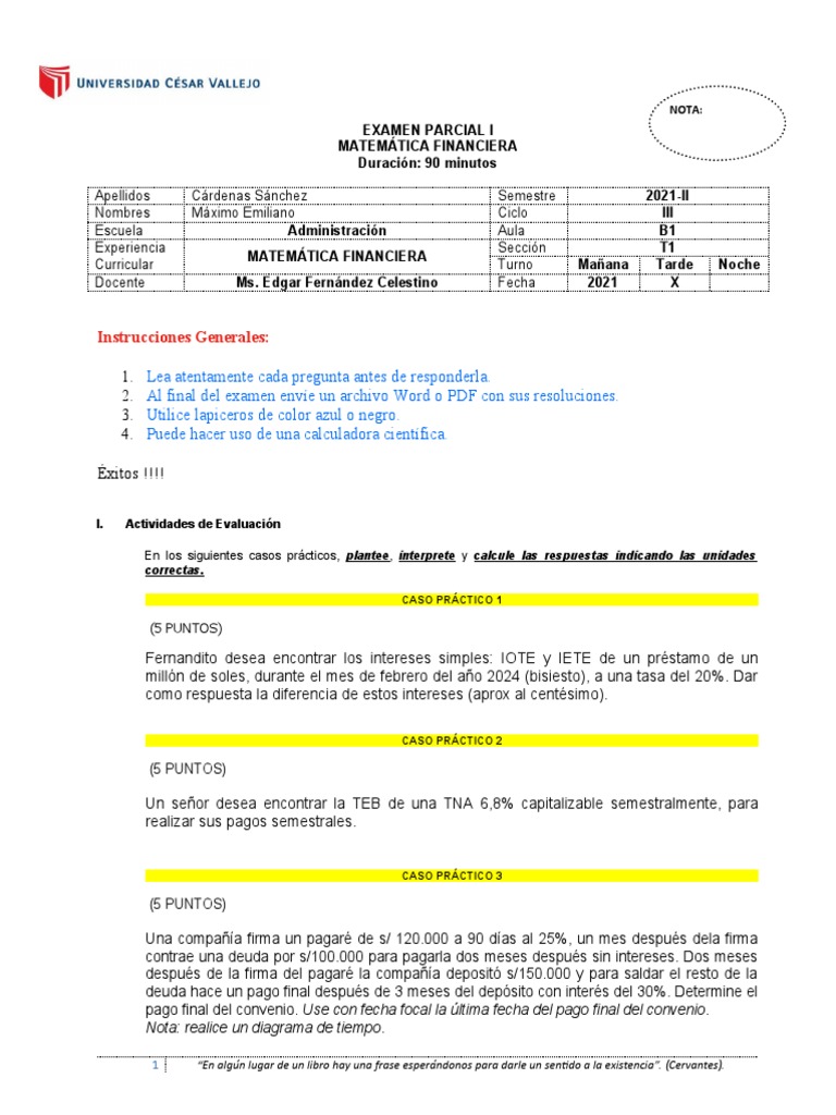 Examen Parcial I - Matematica Financiera 2022-1 Resuelto | PDF | Prueba ...