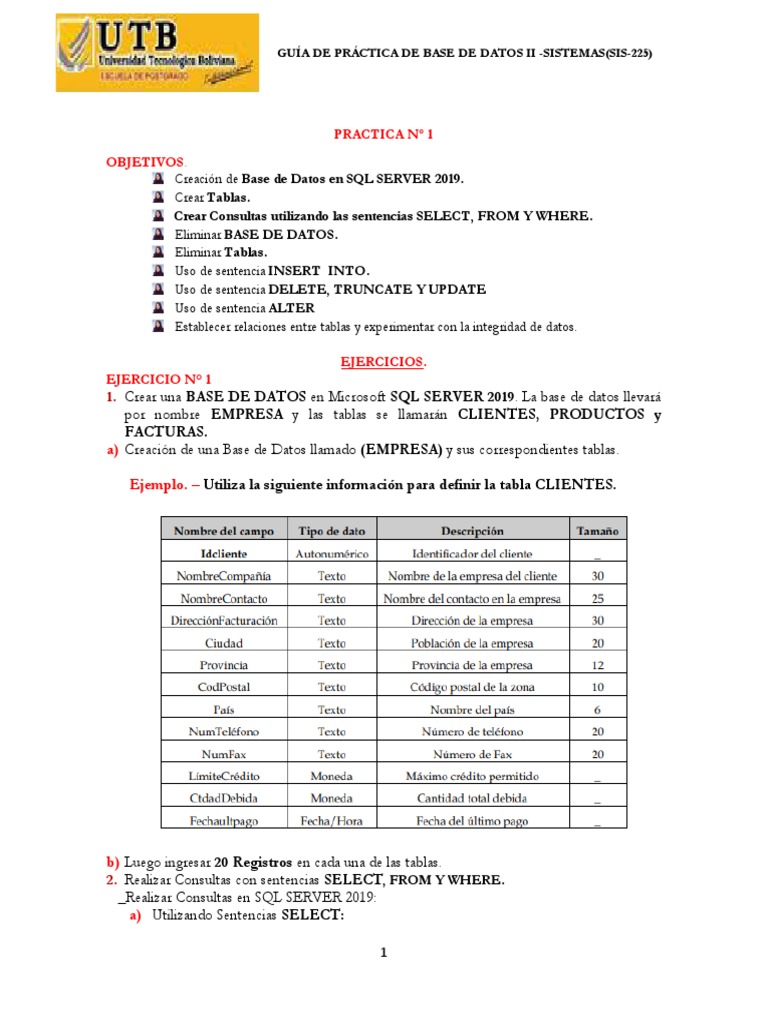 Práctica de Bases de Datos en SQL Server | PDF | Servidor SQL de ...