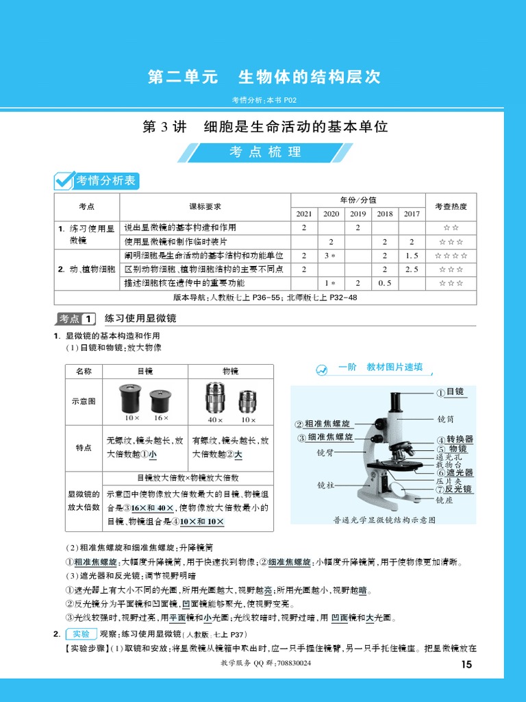 第3讲考点梳理（练习使用显微镜、动、植物细胞） 2022【万唯中考】广东试题研究精讲本生物（辅导用书） | PDF, image size:768x1024