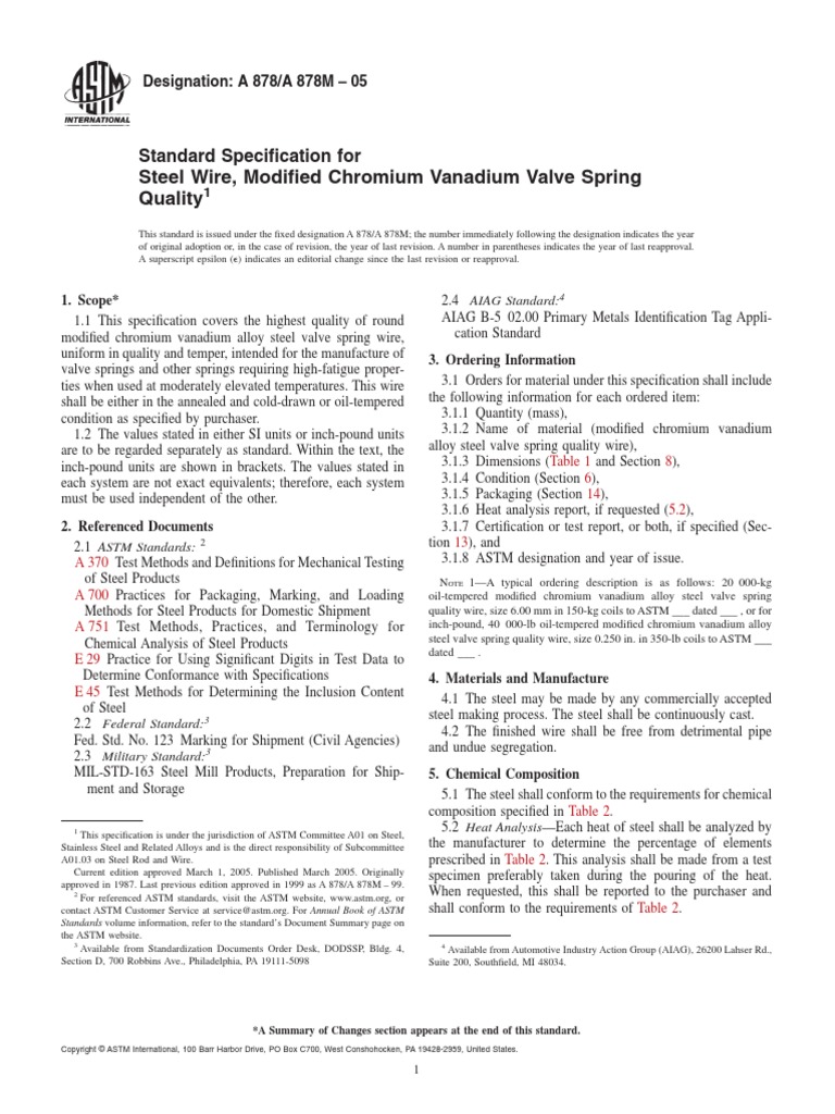 Steel Wire, Modified Chromium Vanadium Valve Spring Quality Standard