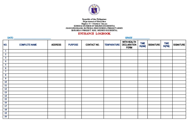 Entrance Logbook with Health Declaration | PDF