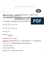 Lista 3 de Exercícios - Pontos de Máximo - Mínimo e Sela - Resoluções Das Questões 2, 3, 4, 5, 6, 7 e 9