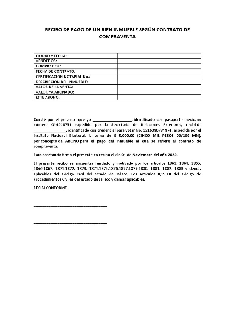 Recibo de Pago por Compraventa Inmueble | PDF