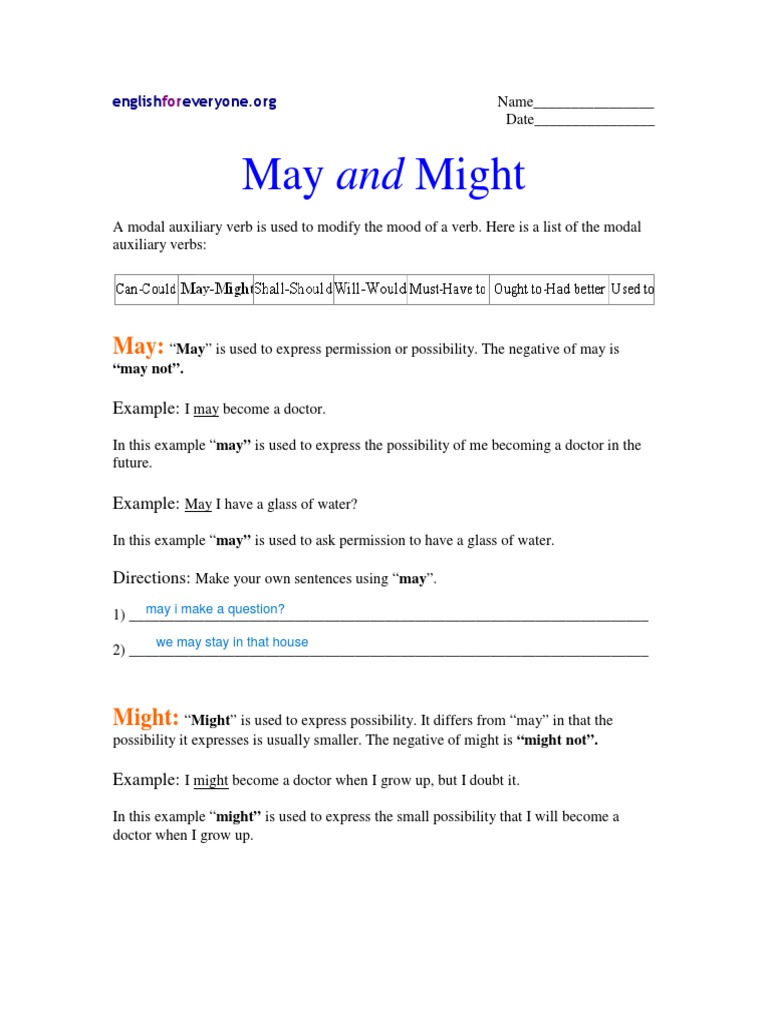 Modal Auxiliary Verbs - May and Might | PDF | Language Arts ...