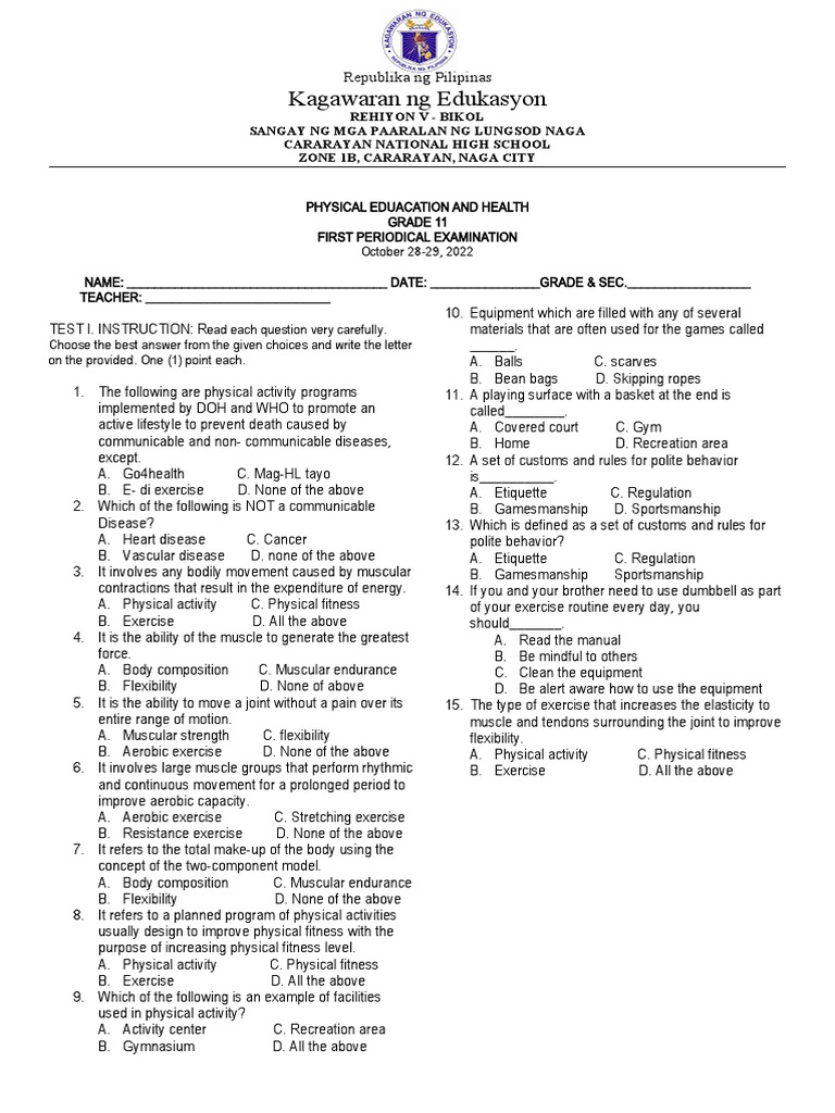Grade 11 PE First Quarter Exam | PDF | Flexibility (Anatomy) | Physical ...